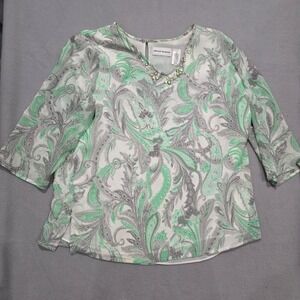 Alfred Dunner Green Paisley Embellished VNeck Blouse 3/4 Sleeve Top Plus Size 16